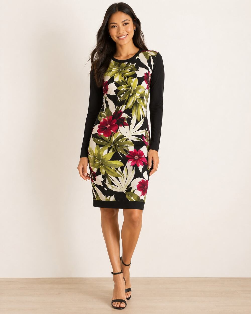 Tommy Bahama Floral Tropical Sweater Dress WOMEN XXS Black Long Sleeve Bodycon